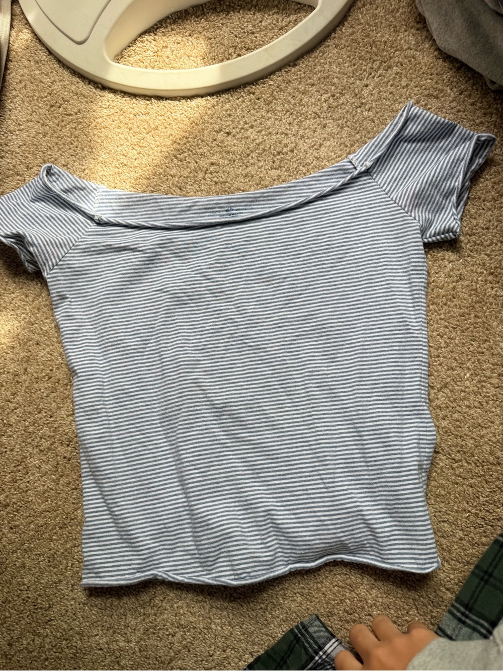 Brandy Melville Light Blue & White Striped Off-Shoulder Crop Top